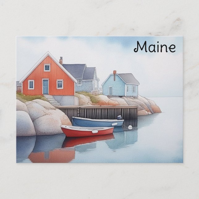 Maine Coast Colourful Houses Watercolor Travel Postcard (Front)