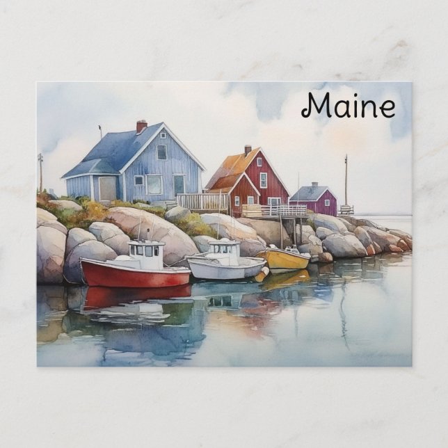 Maine Coast Colourful Houses Watercolor Travel Postcard (Front)