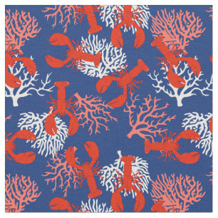 Maine Coastal Lobsters Red White Blue Patterned Fabric