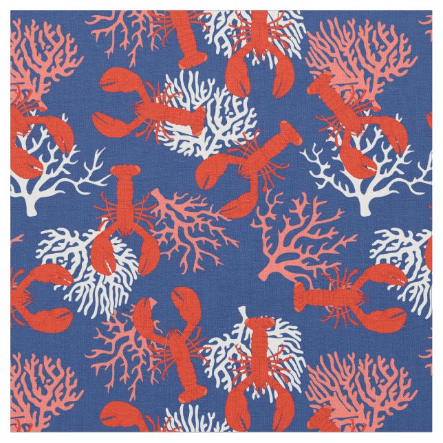 Maine Coastal Lobsters Red White Blue Patterned Fabric (Close Up)