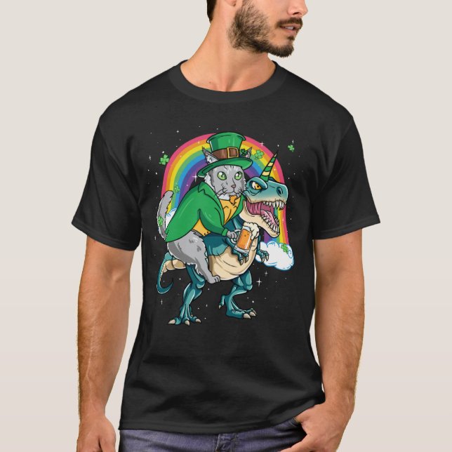 Maine Coon Beer Dino Rex Horn Rainbow Cat T-Shirt (Front)