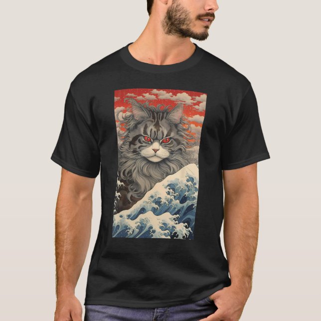 Maine Coon Cat Aesthetic Japanese Ukiyo e 1 T-Shirt (Front)