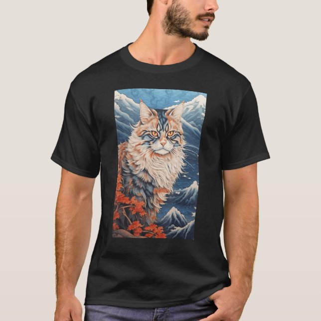 Maine Coon Cat Aesthetic Japanese Ukiyo e 3 T-Shirt (Front)