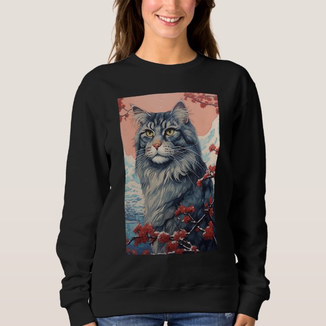 Maine Coon Cat Aesthetic Japanese Ukiyo e Art Sweatshirt (Front)