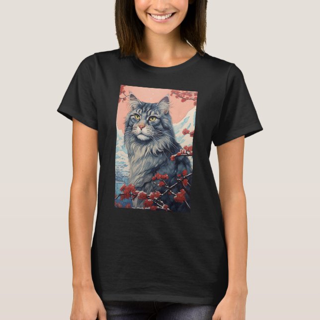 Maine Coon Cat Aesthetic Japanese Ukiyo e Art T-Shirt (Front)