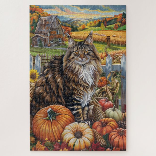 Maine Coon Cat  Autumn Harvest Thanksgiving Jigsaw Puzzle (Vertical)