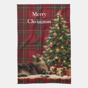 Maine Coon Cat Christmas Apron Tartan Plaid Tea Towel