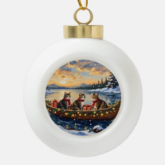 Maine Coon Cat Christmas Boat Holiday Ceramic Ball Christmas Ornament (Front)