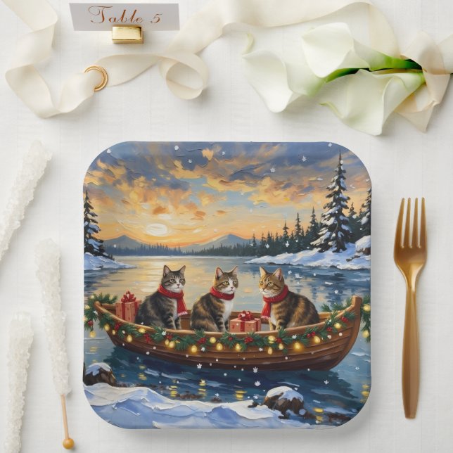 Maine Coon Cat Christmas Boat Holiday Paper Plate (Wedding)