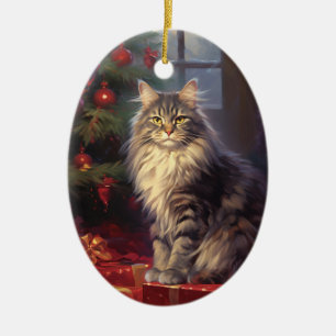 Maine Coon cat Christmas Ceramic Ornament
