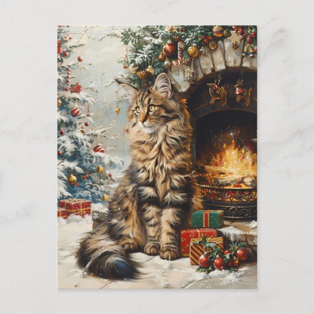 Maine Coon Cat Christmas Vintage Postcard (Front)
