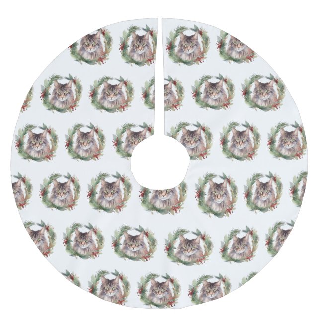 Maine Coon Cat Christmas Wreath Festive Kitten Brushed Polyester Tree Skirt (Front)