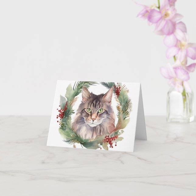 Maine Coon Cat Christmas Wreath Festive Kitten Card (Orchid)