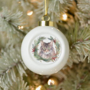 Maine Coon Cat Christmas Wreath Festive Kitten Ceramic Ball Christmas Ornament