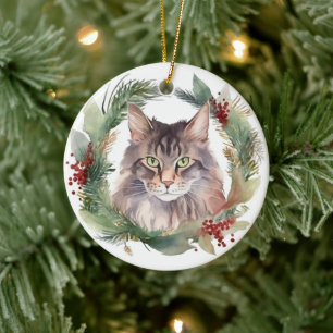 Maine Coon Cat Christmas Wreath Festive Kitten Ceramic Ornament
