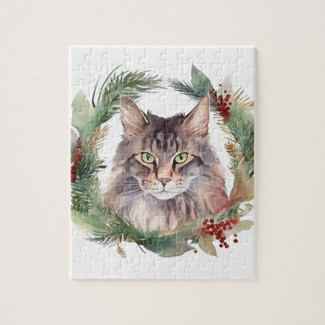 Maine Coon Cat Christmas Wreath Festive Kitten Jigsaw Puzzle (Vertical)