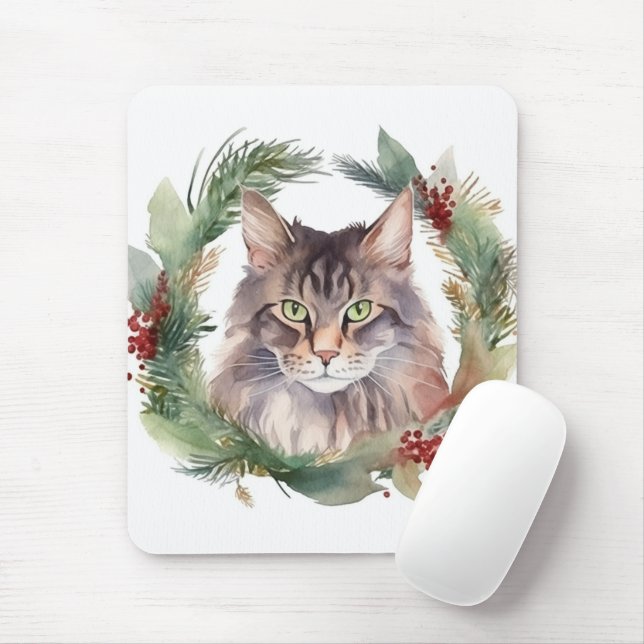 Maine Coon Cat Christmas Wreath Festive Kitten Mouse Pad (With Mouse)