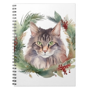 Maine Coon Cat Christmas Wreath Festive Kitten Notebook