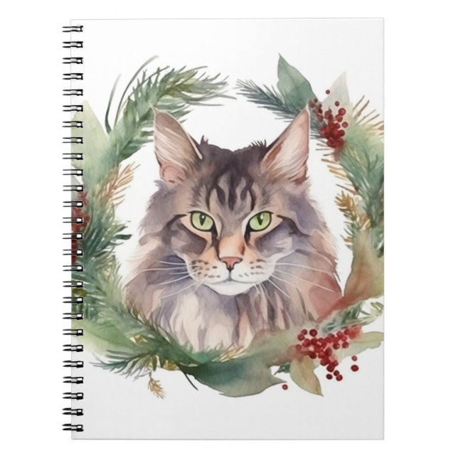 Maine Coon Cat Christmas Wreath Festive Kitten Notebook (Front)
