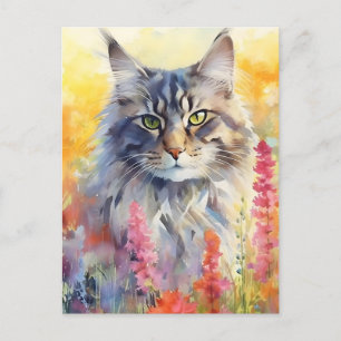 Maine Coon cat colourful watercolor artwork Postcard