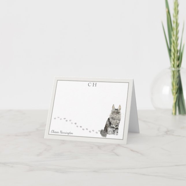 Maine Coon Cat Grey Border Monogram Name Folded Thank You Card (Front)