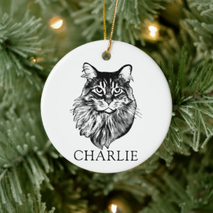 Maine Coon Cat Hand Drawing Personalised Ceramic Ornament