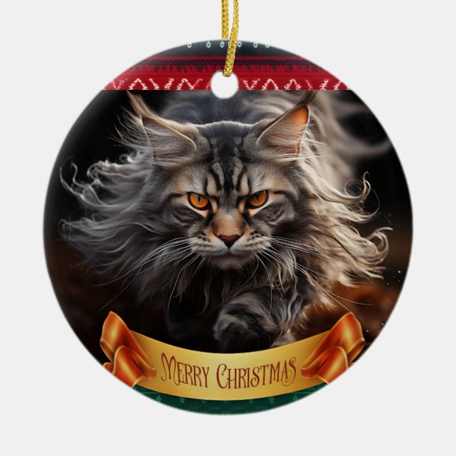 Maine Coon Cat hunting Ceramic Ornament (Front)