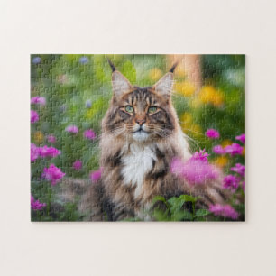 Maine Coon Cat in Flower Field  Jigsaw Puzzle