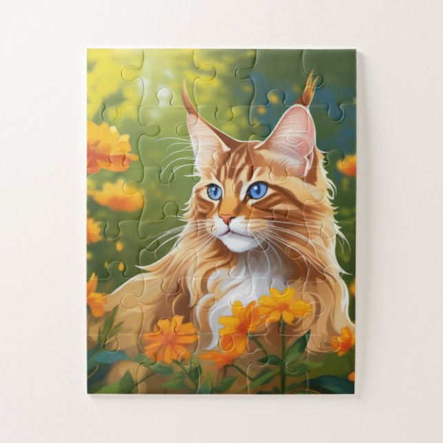 Maine Coon Cat in Flower Field Jigsaw Puzzle (Vertical)