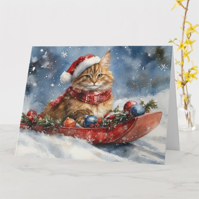 Maine Coon Cat in Sledge Let it Snow Christmas Card (Yellow Flower)