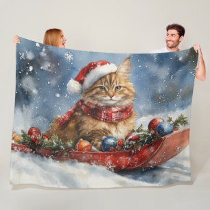Maine Coon Cat in Sledge Let it Snow Christmas Fleece Blanket