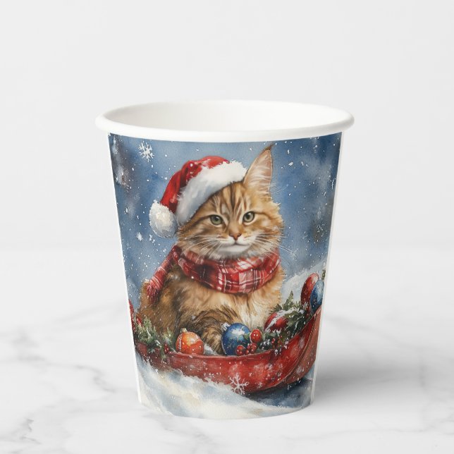 Maine Coon Cat in Sledge Let it Snow Christmas Paper Cups (Front)
