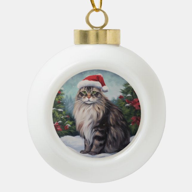 Maine Coon Cat in Snow Christmas Ceramic Ball Christmas Ornament (Front)