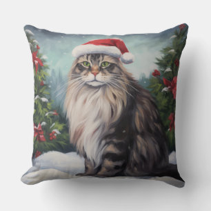 Maine Coon Cat in Snow Christmas Cushion