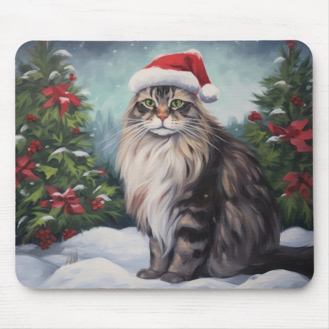 Maine Coon Cat in Snow Christmas Mouse Pad (Front)