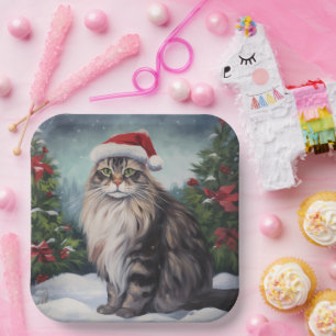 Maine Coon Cat in Snow Christmas Paper Plate