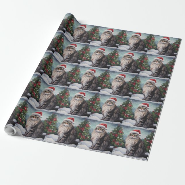 Maine Coon Cat in Snow Christmas Wrapping Paper (Unrolled)