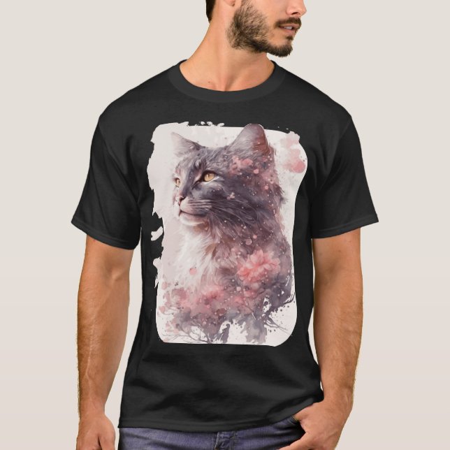 Maine Coon Cat Japanese Cherry Blossom Sakura T-Shirt (Front)