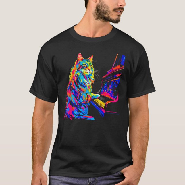 Maine Coon Cat Pianist T-Shirt (Front)