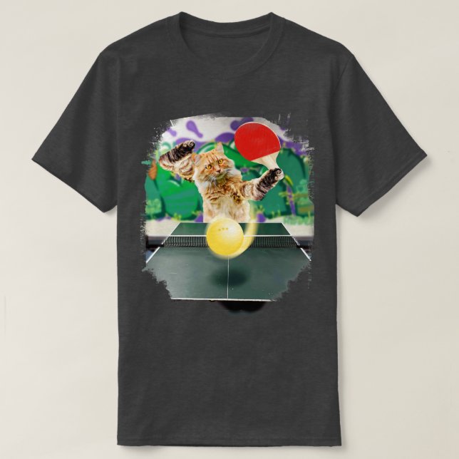 Maine Coon Cat Playing Table Tennis Ping Pong T-Shirt (Design Front)