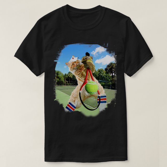 Maine Coon Cat Playing Tennis T-Shirt (Design Front)