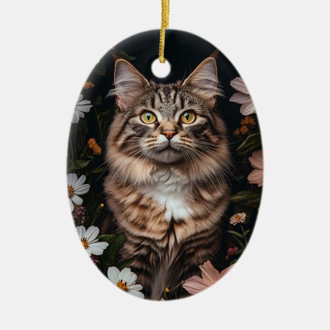 Maine Coon Cat Surrounded by Flowers Ceramic Ornament (Front)