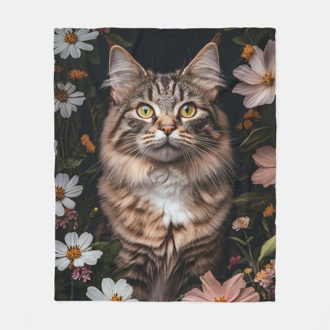 Maine Coon Cat Surrounded by Flowers Fleece Blanket (Front)