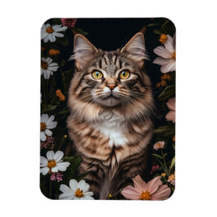 Maine Coon Cat Surrounded by Flowers Flexible Magnet