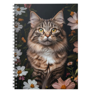 Maine Coon Cat Surrounded by Flowers Notebook