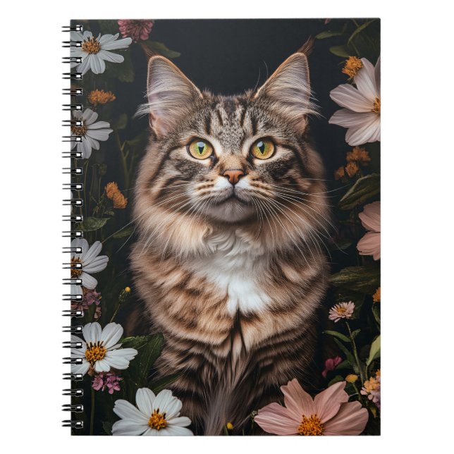Maine Coon Cat Surrounded by Flowers Notebook (Front)