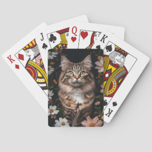 Maine Coon Cat Surrounded by Flowers Playing Cards