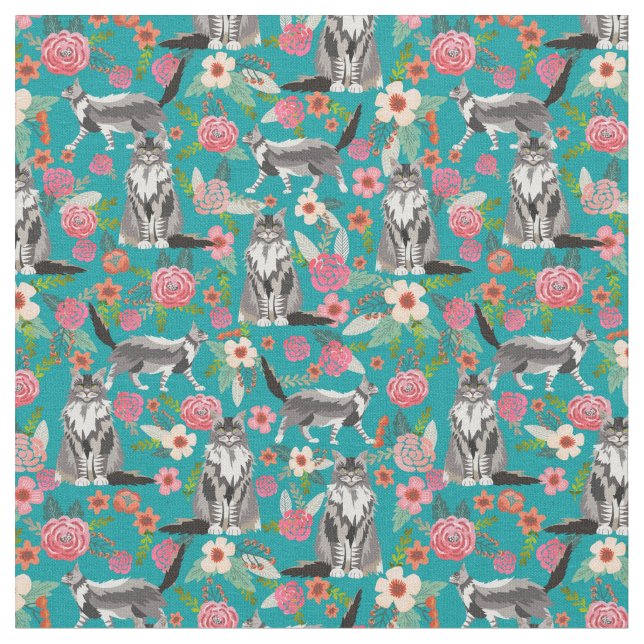 maine coon cat vintage florals turquoise fabric (Close Up)