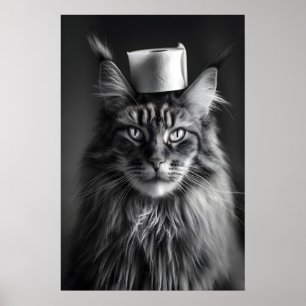 Maine Coon Cat Wall Art, Funny Black and White Poster