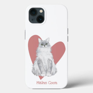 Maine Coon Cat Watercolor Kitty Pink Heart iPhone 13 Case